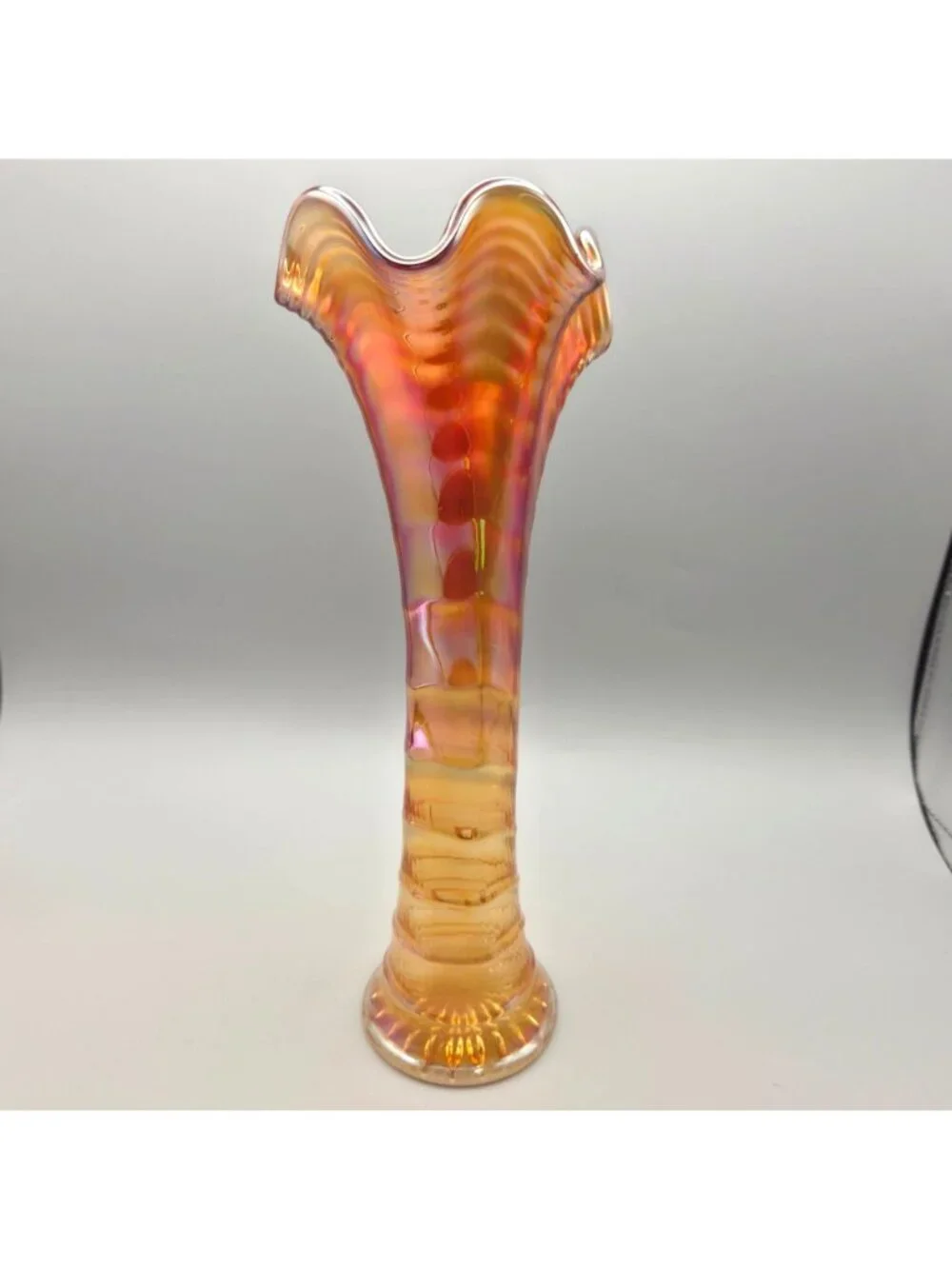Vintage Imperial Ripple Carnival Glass Vase Ruffled Amber Iridescent Swung 11